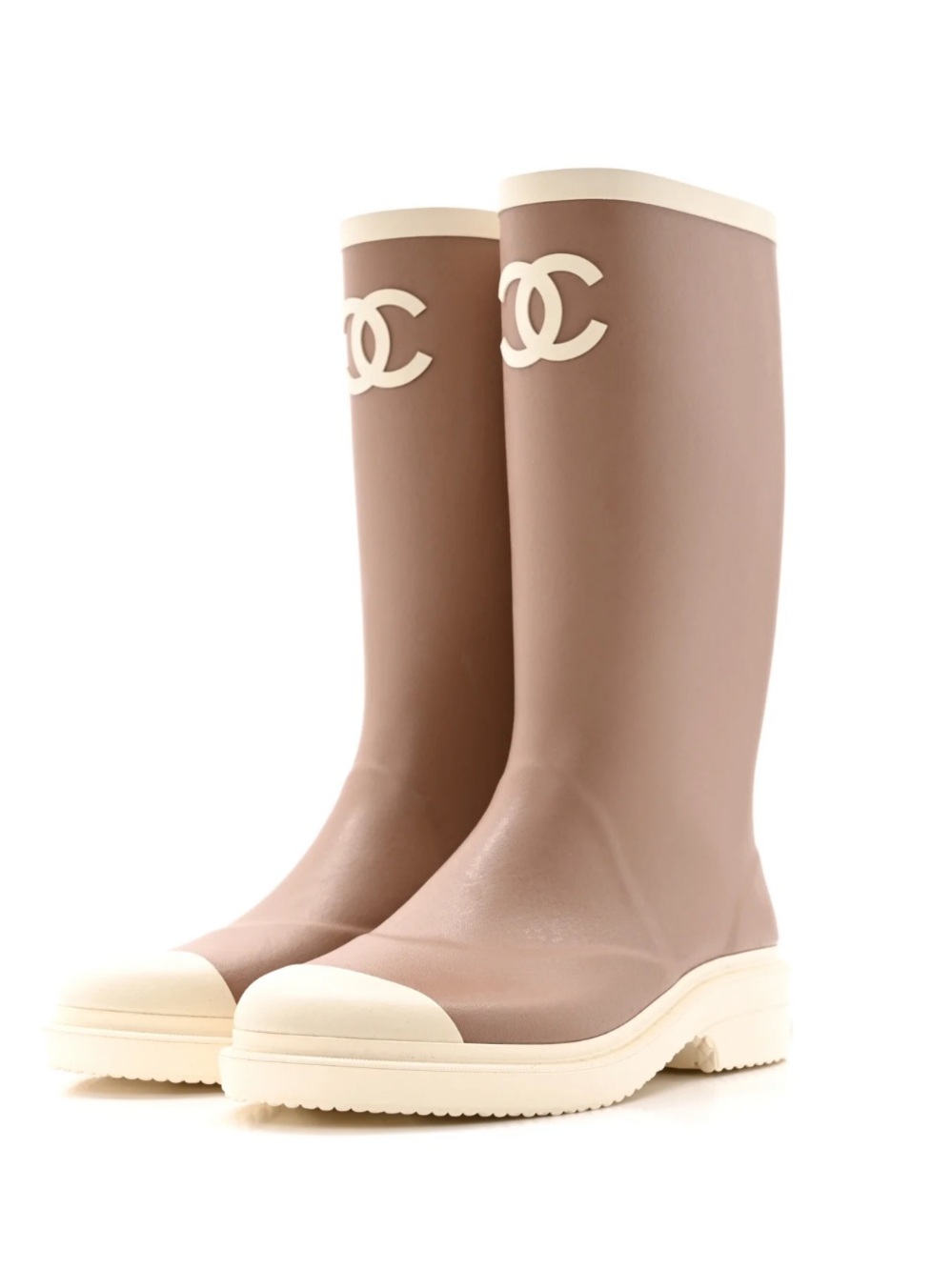Chanel Caoutchouc CC Logo Rain Boots in beige and white rubber NWT